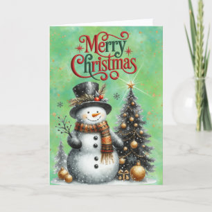 Cartes Pour Fêtes Annuelles Joli bonhomme de neige et sapin de Noël