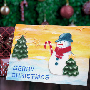 Cartes Pour Fêtes Annuelles Joli bonhomme de neige et sapin de Noël