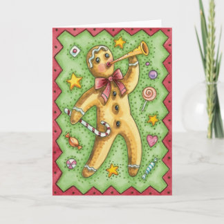 Cartes Pour Fêtes Annuelles Joli bonhomme en pain d'épices soufflant dans un c