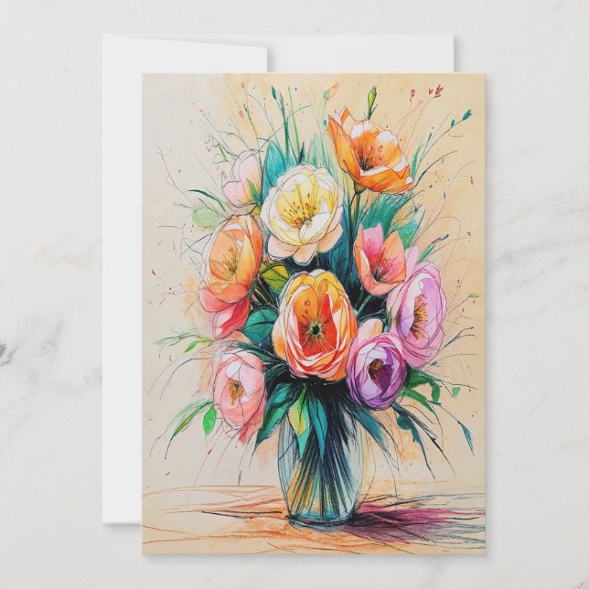 Cartes Pour Fêtes Annuelles Joli Bouquet de fleurs Art couleur crayons dessin (Devant)