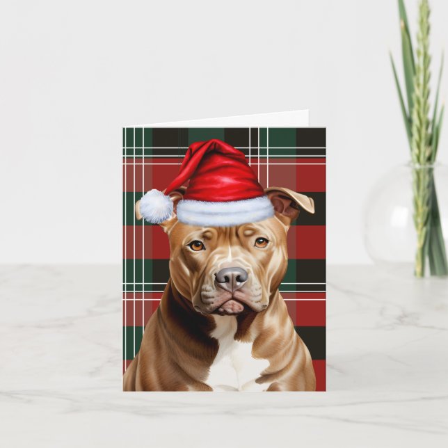 Cartes Pour Fêtes Annuelles Joli Brown Pitbull Père Noël Chien Rouge Vert Plai (Devant)