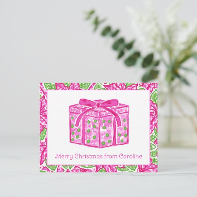 Cartes Pour Fêtes Annuelles Joli cadeau de Noël rose et vert présent (Debout devant)
