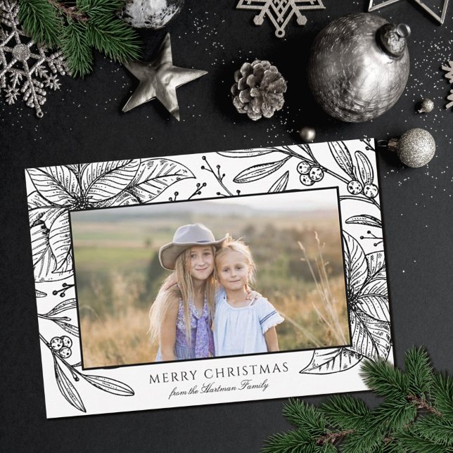 Cartes Pour Fêtes Annuelles Joli cadre fleuri Poinsettia | Photo horizontale (Créateur téléchargé)