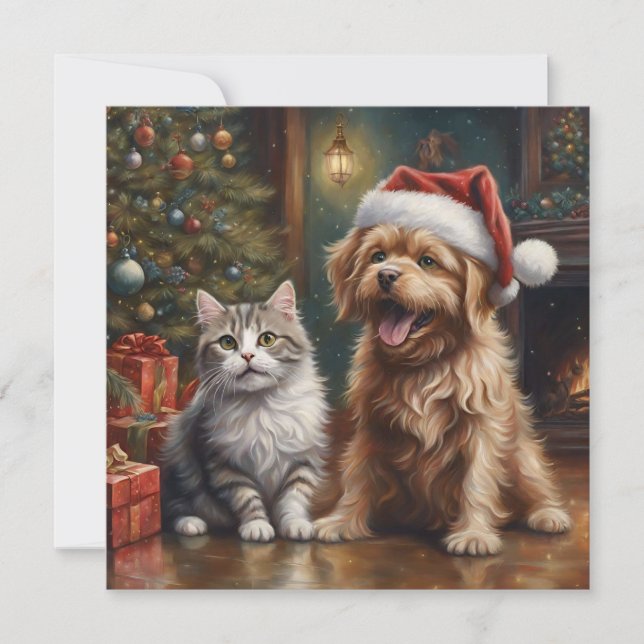Cartes Pour Fêtes Annuelles Joli Cartoon Chat et Chien Noël (Devant)