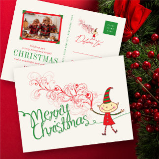 Cartes Pour Fêtes Annuelles Joli Cartoon Elf & Swirls Magique Joyeux Noël
