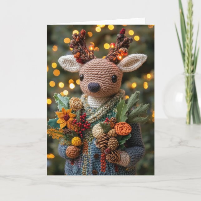 Cartes Pour Fêtes Annuelles Joli Cerf de Noël Crocheté (Devant)