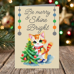 Cartes Pour Fêtes Annuelles Joli chat & arbre de Noël soyez joyeuse crème gris