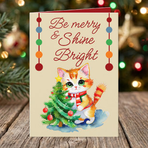 Cartes Pour Fêtes Annuelles Joli chat & arbre de Noël soyez joyeux crème rouge
