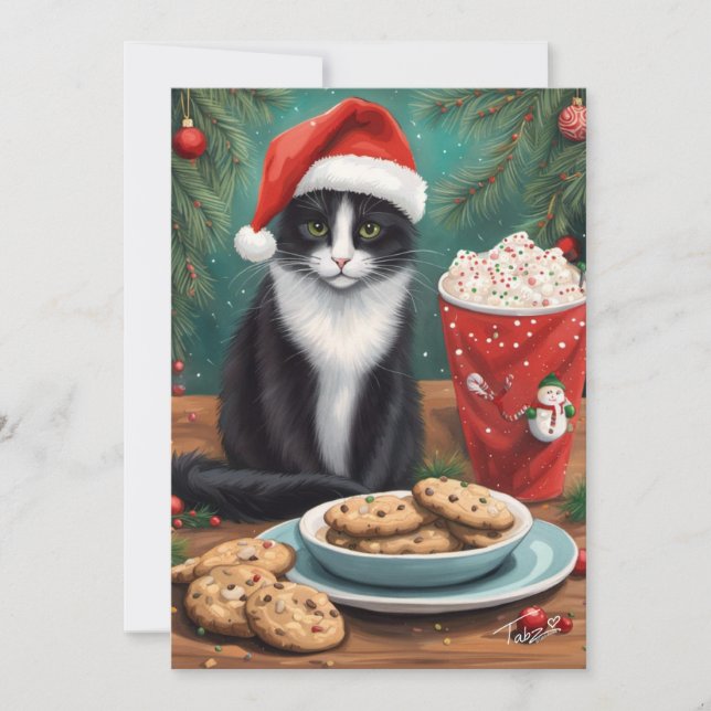 Cartes Pour Fêtes Annuelles Joli Chat avec Biscuits et Chapeau de Père Noël (Devant)