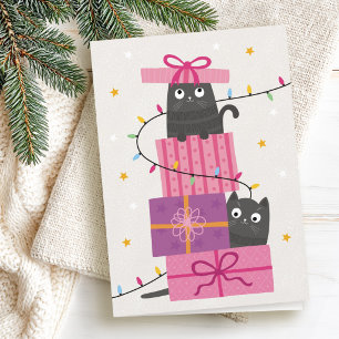 Cartes Pour Fêtes Annuelles Joli chat avec des lumières et des cadeaux de Noël