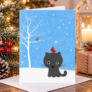 Cartes Pour Fêtes Annuelles Joli Chat Chaton & Petits Oiseaux Rouges Noël Blan