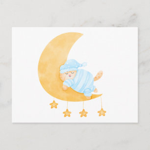 Cartes Pour Fêtes Annuelles Joli Chat Endormi Aquarelle sur Croissant de Lune