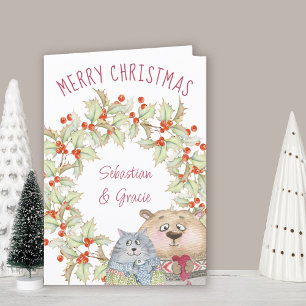Cartes Pour Fêtes Annuelles Joli chat et chien de Noël dans une couronne de ho