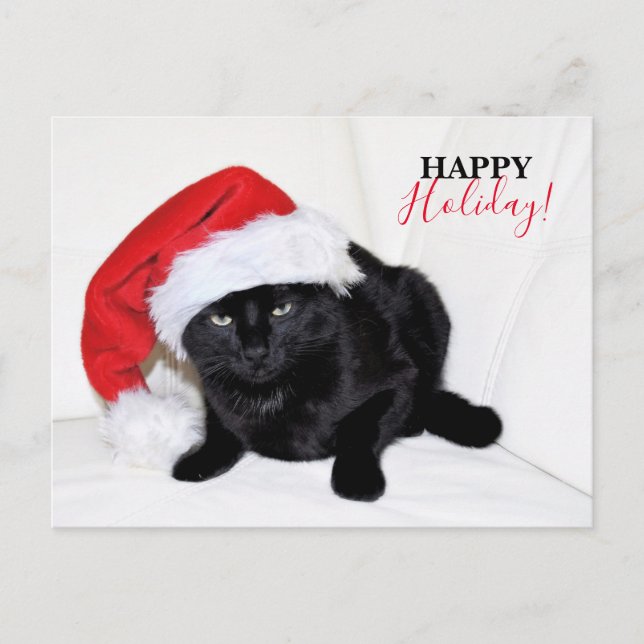 Cartes Pour Fêtes Annuelles Joli Chat Noir avec Chapeau de Père Noël (Devant)