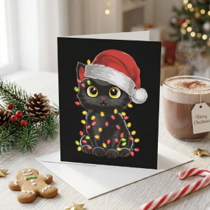 Cartes Pour Fêtes Annuelles Joli Chat Noir avec Chapeau de Père Noël et Lumièr