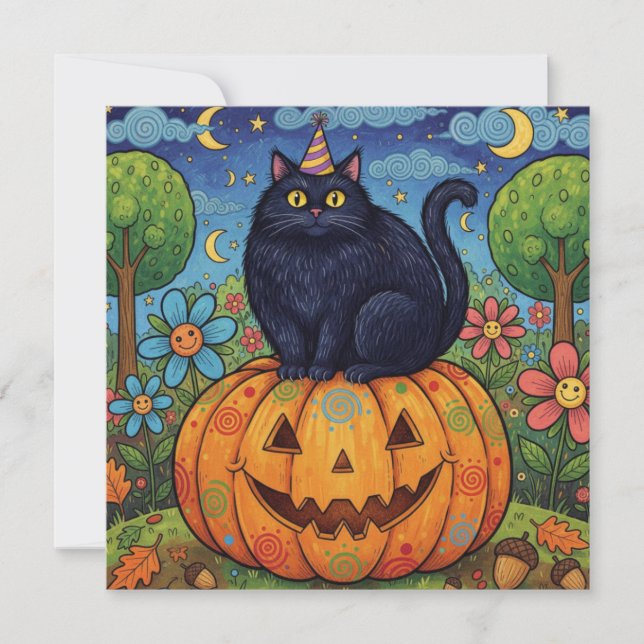 Cartes Pour Fêtes Annuelles Joli chat noir Halloween et citrouille (Devant)