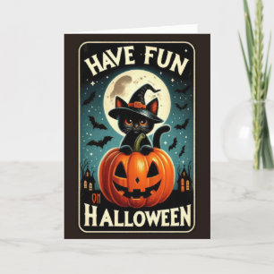 Cartes Pour Fêtes Annuelles Joli chat noir vintage dans un Halloween de citrou