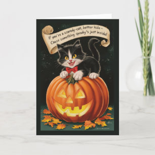 Cartes Pour Fêtes Annuelles Joli Chat Peureux Vintage et Citrouille Halloween