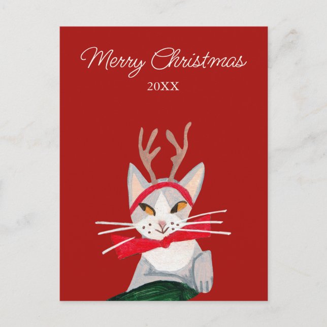 Cartes Pour Fêtes Annuelles Joli chat rétro rouge Noël (Devant)