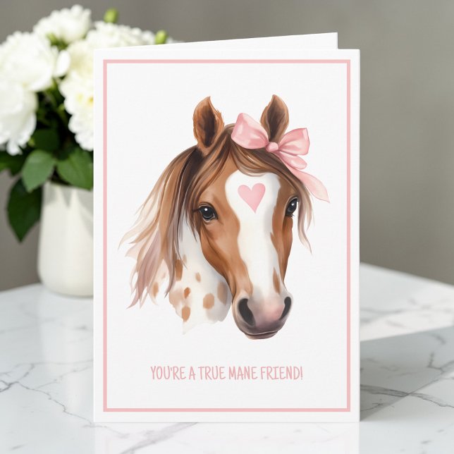 Cartes Pour Fêtes Annuelles Joli cheval à l'aquarelle rose pour la Saint-Valen (Cute Watercolor Horse Pink Kids Valentine Folded Holiday Card)