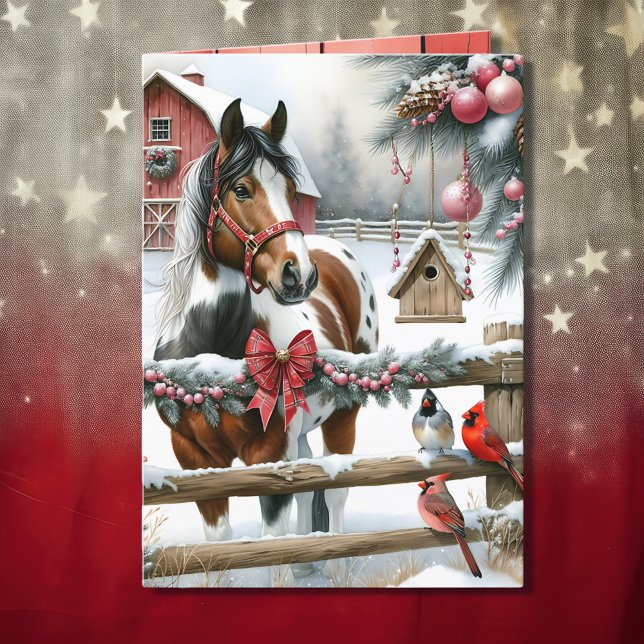 Cartes Pour Fêtes Annuelles Joli Cheval Brown et Blanc Ferme rustique Noël (Créateur téléchargé)