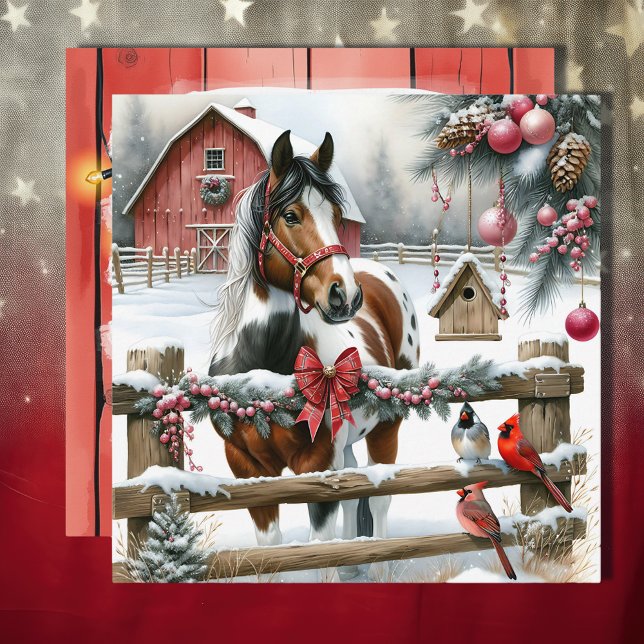 Cartes Pour Fêtes Annuelles Joli Cheval Brown et Blanc Ferme rustique Noël (Créateur téléchargé)