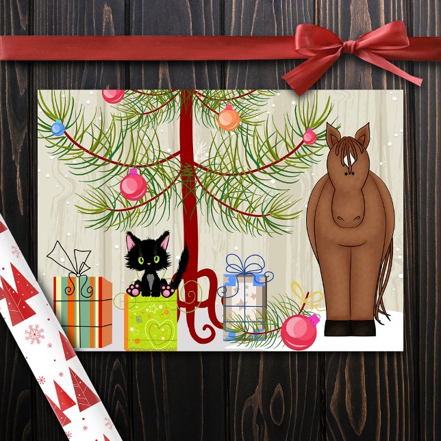 Cartes Pour Fêtes Annuelles Joli Cheval Brown et Kitten Grange Noël (Créateur téléchargé)