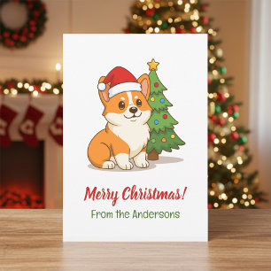 Cartes Pour Fêtes Annuelles Joli chien Corgi avec un chapeau rouge et un sapin