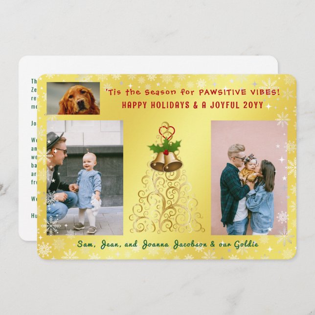 Cartes Pour Fêtes Annuelles Joli Chien Drôle Chat Joyeuses Fêtes 3 Photos Doré (Devant / Derrière)