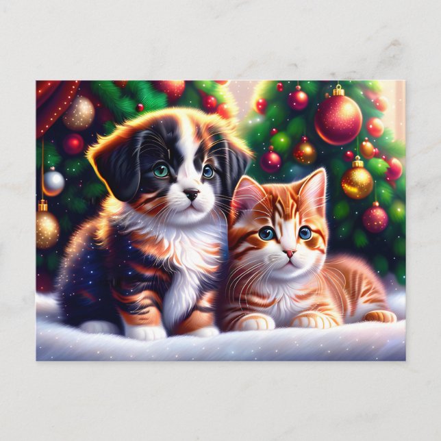 Cartes Pour Fêtes Annuelles Joli chiot et chat sous l'arbre de Noël (Devant)