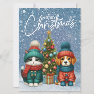Cartes Pour Fêtes Annuelles Joli chiot et petit chat de Noël