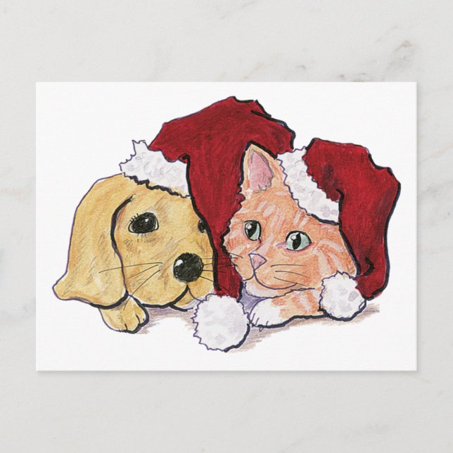Cartes Pour Fêtes Annuelles Joli Christmas Labrador Puppy et Orange Tabby (Devant)