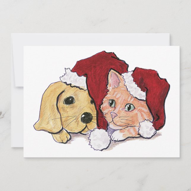 Cartes Pour Fêtes Annuelles Joli Christmas Labrador Puppy et Orange Tabby (Devant)