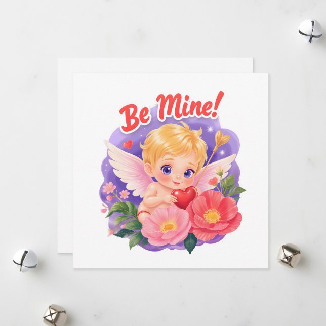 Cartes Pour Fêtes Annuelles Joli Cupidon de la Saint-Valentin avec "Sois mien" (Devant/Arrière en situation)