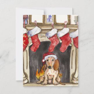Cartes Pour Fêtes Annuelles Joli Dachshund et cheminée Aquarelle Noël