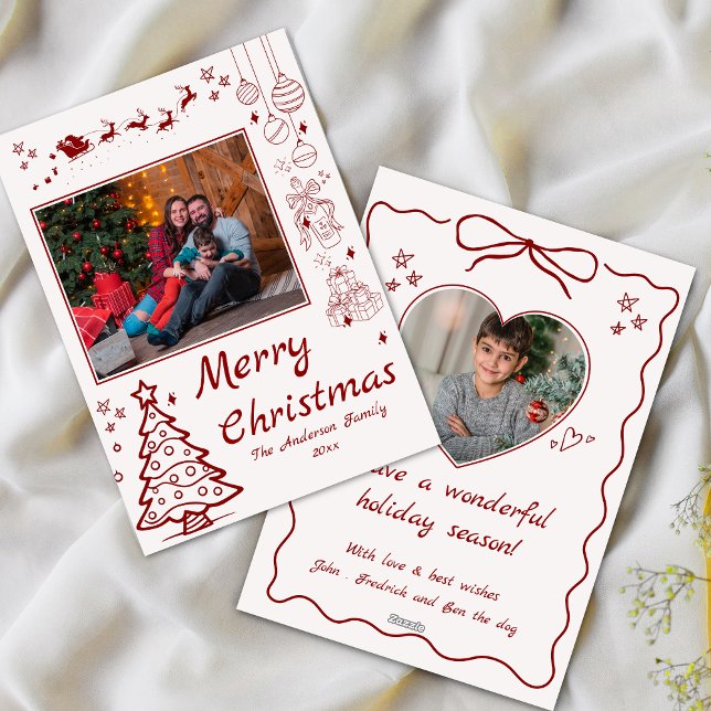 Cartes Pour Fêtes Annuelles Joli doodé Noël personnalisé 2 photo rouge (Créateur téléchargé)