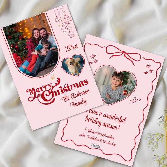 Cartes Pour Fêtes Annuelles Joli doodé Noël personnalisé 3photo rose (Créateur téléchargé)