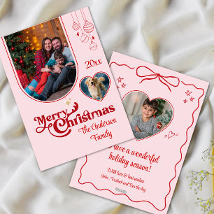 Cartes Pour Fêtes Annuelles Joli doodé Noël personnalisé 3photo rose