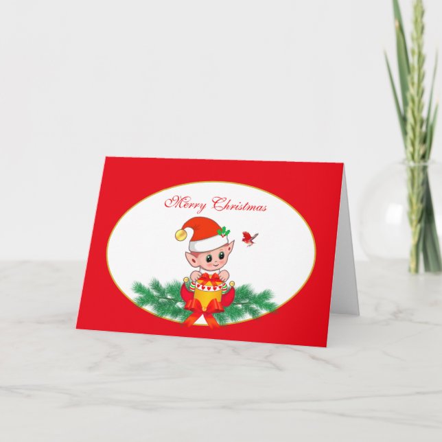Cartes Pour Fêtes Annuelles Joli elfe de Noël et oiseau sur fond rouge et blan (Devant)