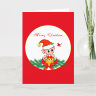 Cartes Pour Fêtes Annuelles Joli elfe de Noël et oiseau sur fond rouge et blan