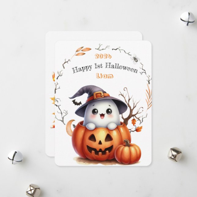 Cartes Pour Fêtes Annuelles Joli Fantôme Citrouille Halloween (Devant/Arrière en situation)