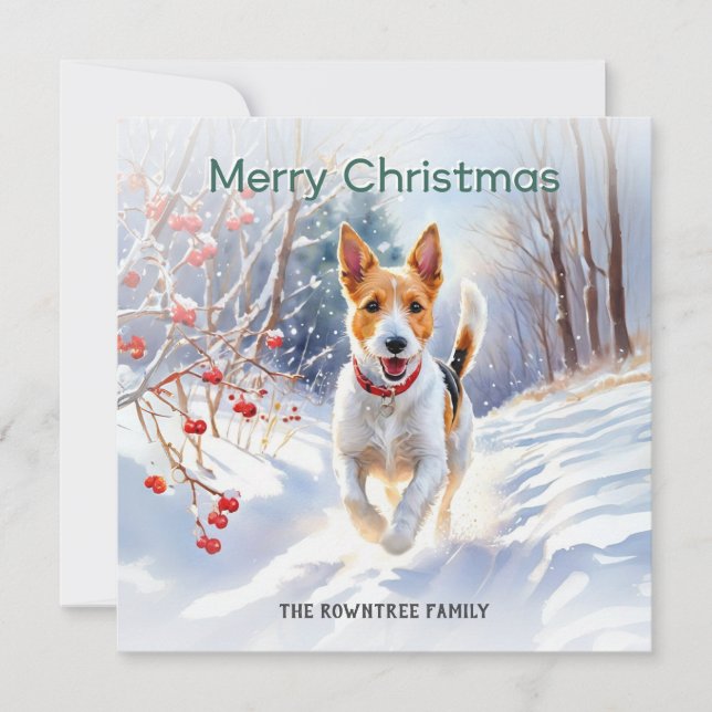 Cartes Pour Fêtes Annuelles Joli Fox Terrier Chien En Neige Joyeux Noël (Devant)