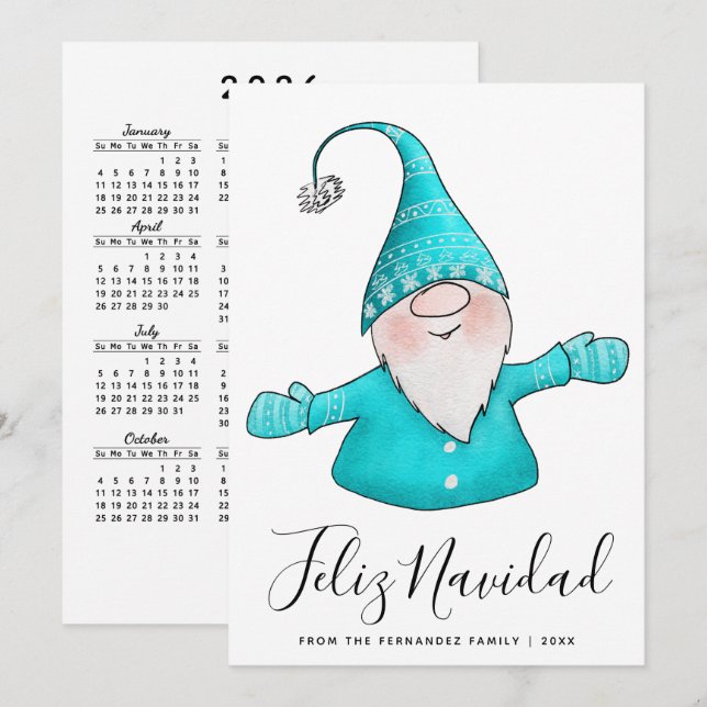Cartes Pour Fêtes Annuelles Joli Gnome Bleu Turquoise Feliz Navidad Calendrier (Devant / Derrière)