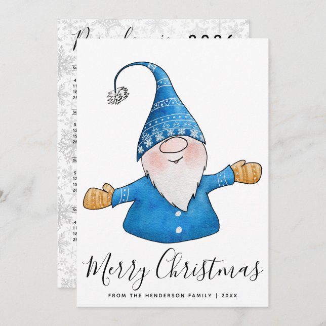Cartes Pour Fêtes Annuelles Joli Gnome en Bleu Calendrier 2026 Joyeux Noël (Devant / Derrière)