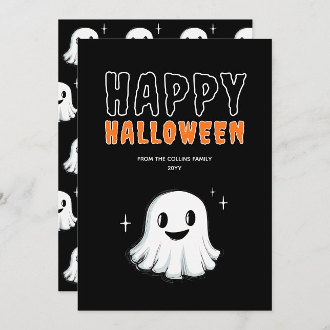 Cartes Pour Fêtes Annuelles Joli Halloween Ghost Orange et Black Éffrayant (Devant / Derrière)