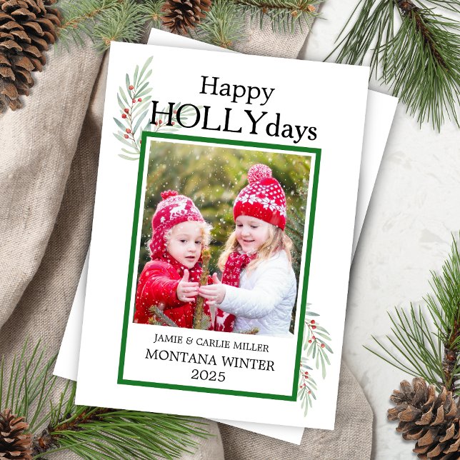 Cartes Pour Fêtes Annuelles Joli HolIdays Enfants Noël Feuilles Holly (cute colorful watercolor holly kids christmas card reads happy holly days with single photo frame)