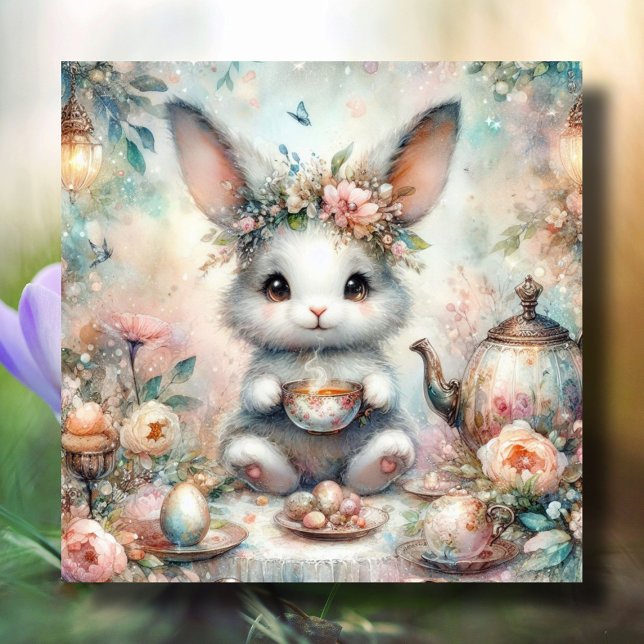 Cartes Pour Fêtes Annuelles Joli Jardin de thé aquarelle Lapin de Pâques (Créateur téléchargé)