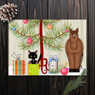 Cartes Pour Fêtes Annuelles Joli Kitten Cheval Brun Ferme Drôle Noël Plat