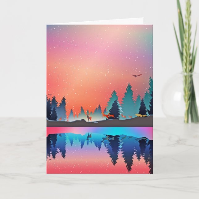 Cartes Pour Fêtes Annuelles Joli lac d'hiver Neige Cerf Renard (Devant)