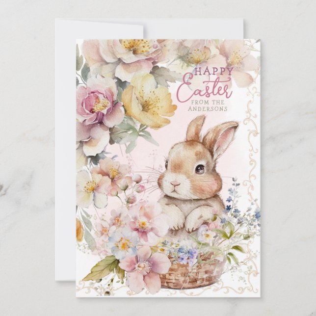 Cartes Pour Fêtes Annuelles Joli lapin à l'aquarelle | Fleurs printanières | P (Devant)